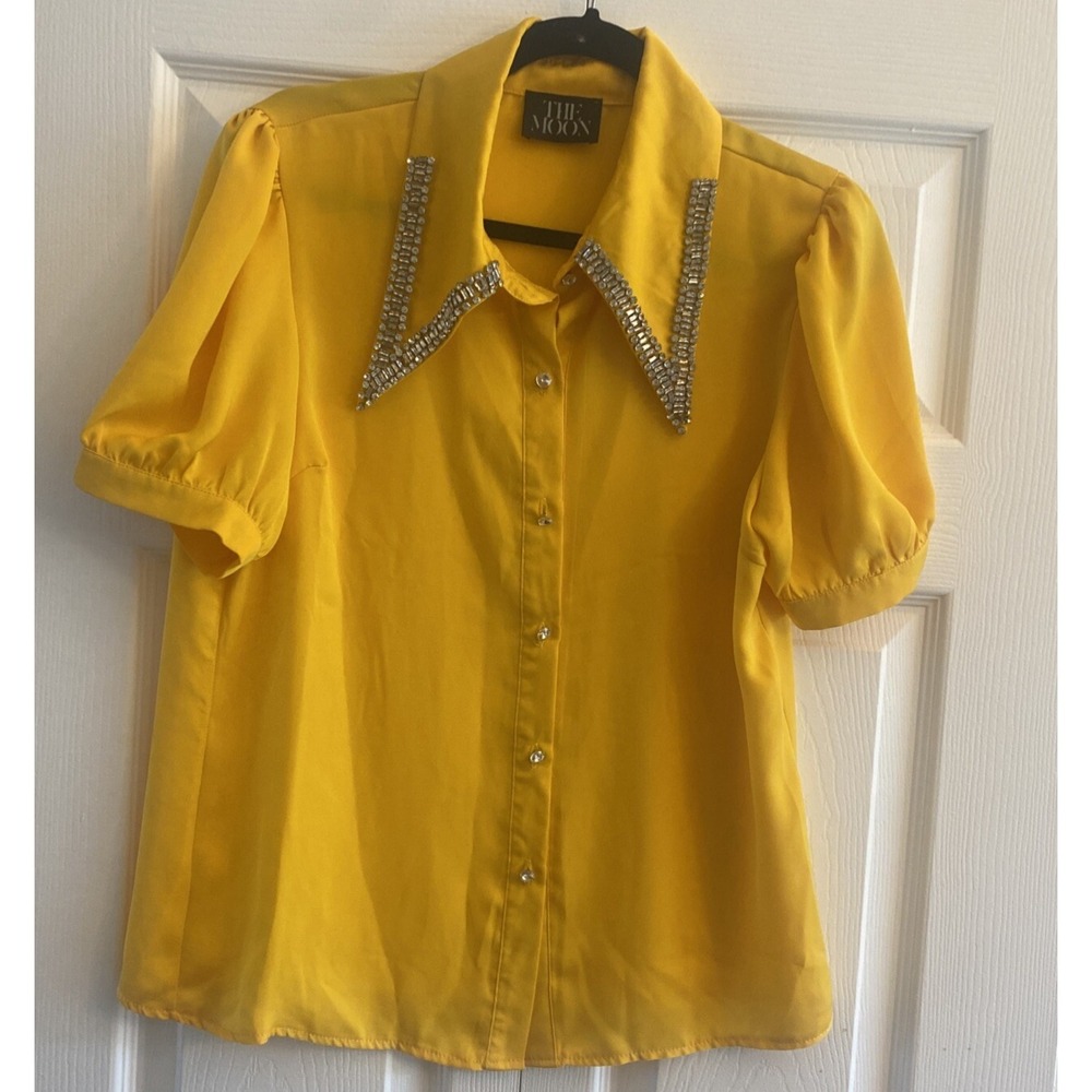 The Moon Rhinestone Collar Blouse Womens Size M Yellow Puff‎ Sleeve GLAM